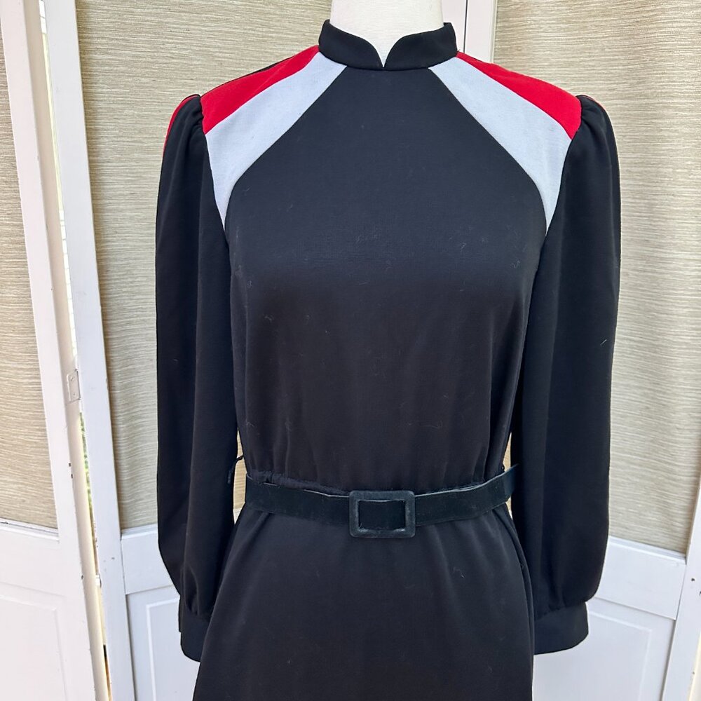 Vintage 70s Checkaberry Mod Colorblock Midi Dress Velvet Belt Size 12